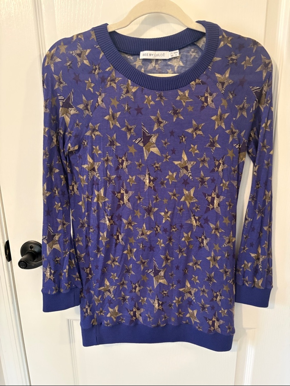 See by Chloé Navy Blue Metallic Star Crewneck Sweater